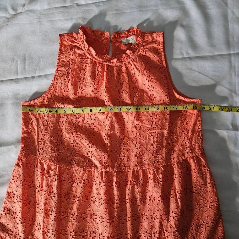 LOFT Women's Lively Coral Ruffled Neck Eyelet Tiered Swing Dress Size Medium NWT - Picture 10 of 11